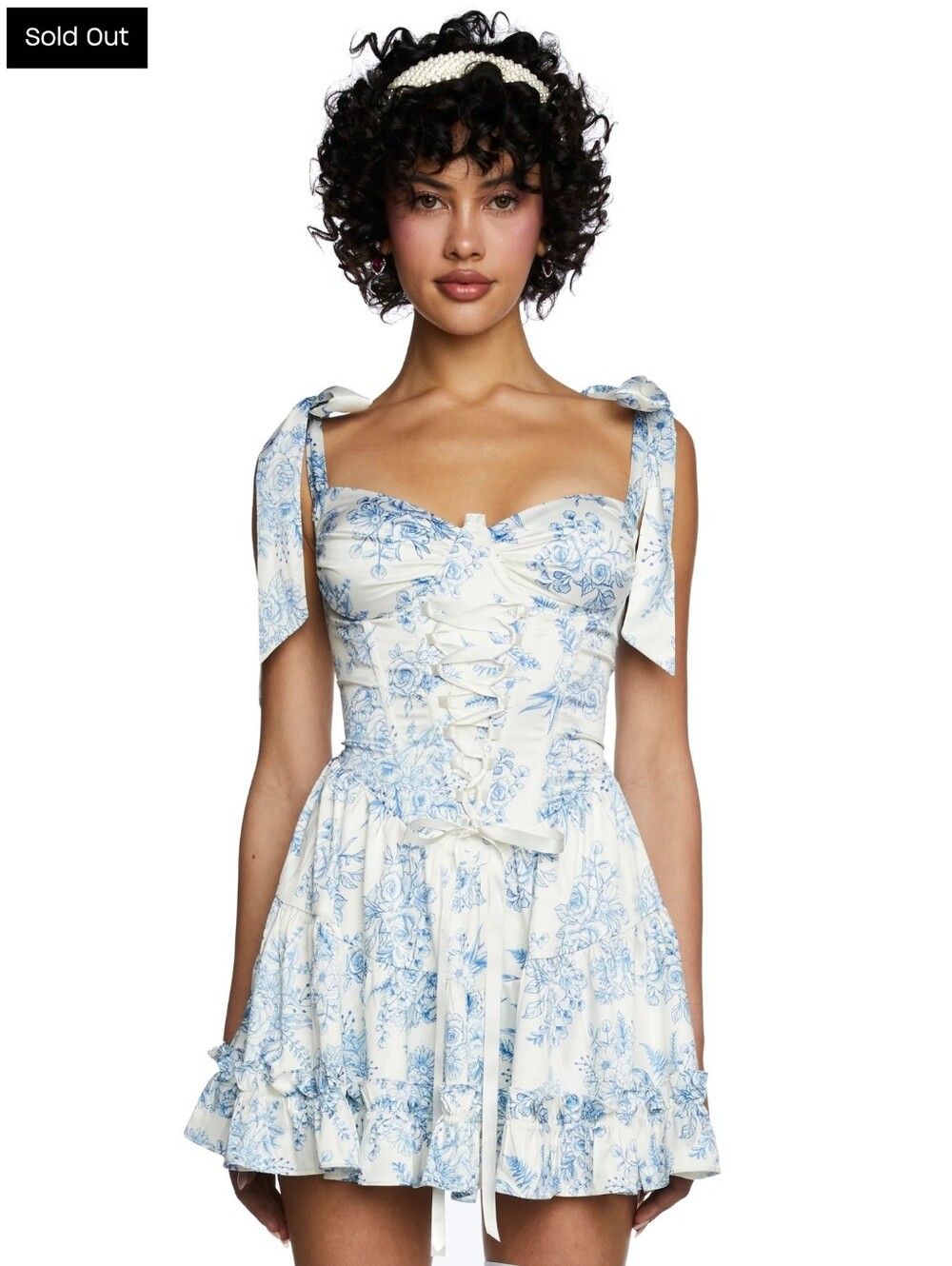 Blue & White Floral Tie-Shoulder Mini Dress Sugar Thrillz- Dolls Kill